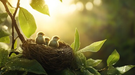 A tranquil morning scene with a nest of baby birds, dew glistening on the leaves around them, capturing the peacefulness of nature and the start of a new day.