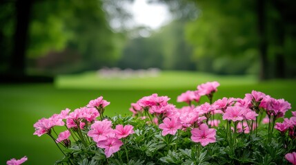 Obraz premium A field of pink flowers with a green background. The flowers are in full bloom and the grass is lush and green. The scene is peaceful and serene, with the flowers and grass creating a beautiful
