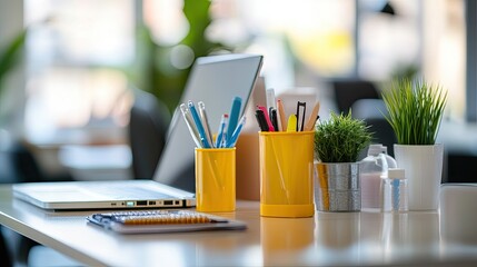clean and sanitized desk in an office environment, promoting cleanliness and a healthy work routine