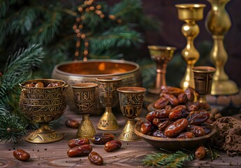 Fototapeta premium Dates and Arabic Coffee in Golden Cups for Ramadan