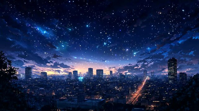 Starry night sky over city skyline at dusk with distant buildings and lights. Seamless looping 4k time-lapse video background.