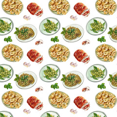 italian food , pattern seamless, watercolor painting hand-drawn