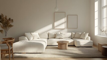 Cozy and inviting modern living room with a large comfortable sectional sofa and minimalist stylish decor the bright natural light casting a warm glow in muted color hues
