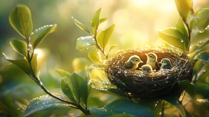 Fototapeta premium A tranquil morning scene with a nest of baby birds, dew glistening on the leaves around them, capturing the peacefulness of nature and the start of a new day.