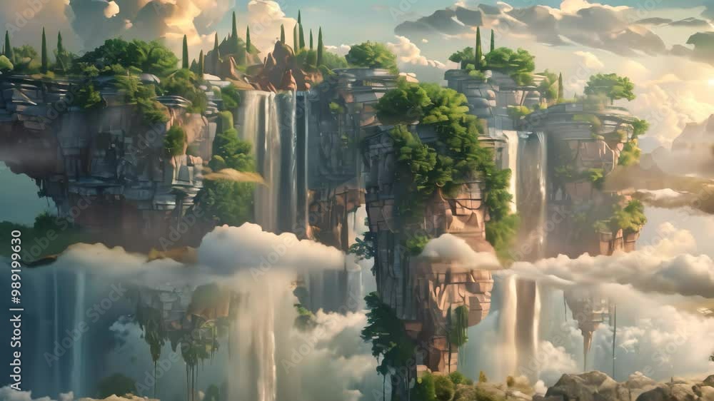 Poster a digital painting of floating islands in a surreal dreamscape with waterfalls flowing from the clif