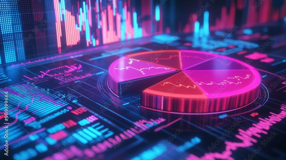 Poster a vibrant 3d pie chart hovering over a futuristic financial dashboard, surrounded by digital graphs 