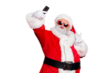 Portrait of his he nice attractive cheerful cheery positive flirty bearded Santa pouted lips taking making selfie having fun showing v-sign isolated over bright vivid shine red background