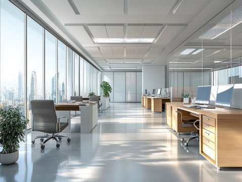 clean office environment with desks and chairs neatly arranged, promoting cleanliness and productivity in the workplace