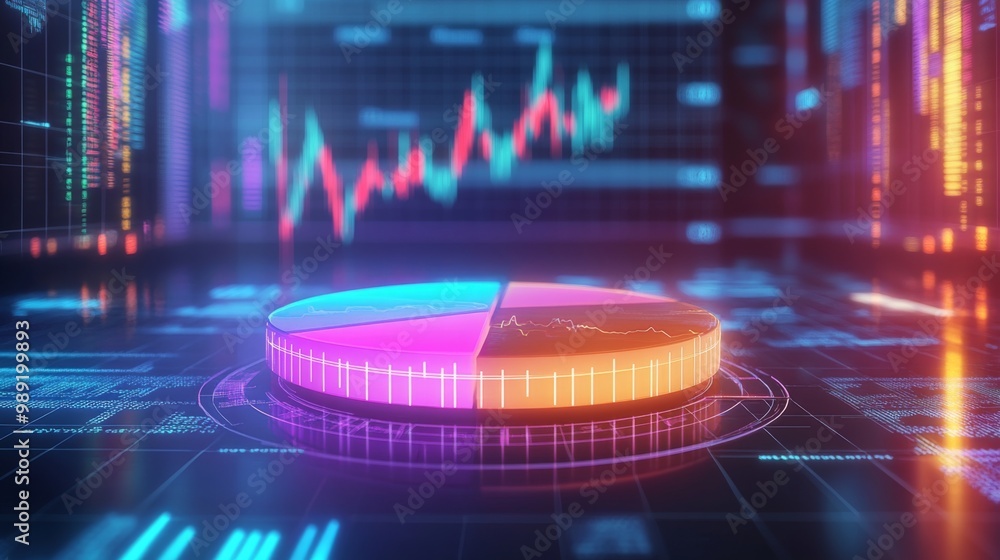 Aufkleber a vibrant 3d pie chart hovering over a futuristic financial dashboard, surrounded by digital graphs 