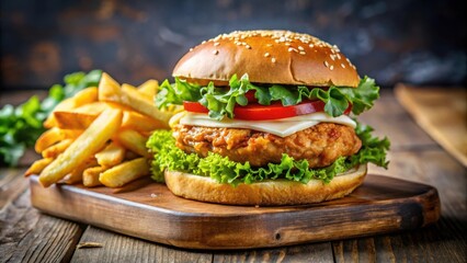 Delicious chicken burger with crispy fries and fresh lettuce in a trendy restaurant