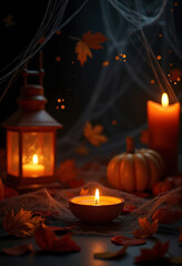 Obraz premium Atmospheric still life with lit lanterns, pumpkin, and autumn leaves on dark background. for fall designs, Halloween decor inspiration, or cozy seasonal mood settings.