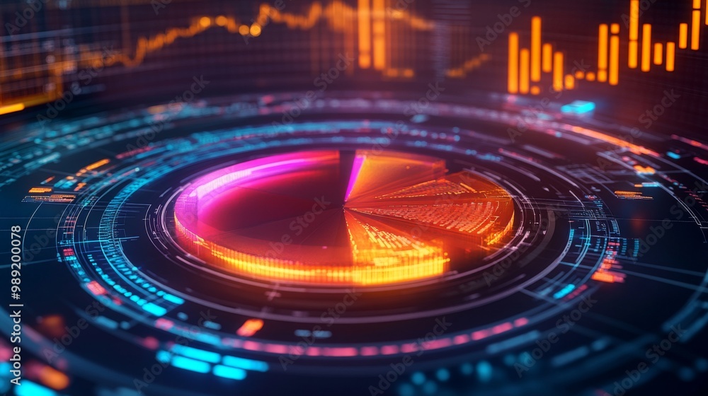 Poster a vibrant 3d pie chart hovering over a futuristic financial dashboard, surrounded by digital graphs 