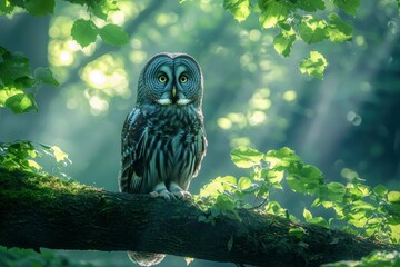 Fototapeta premium Grey Owl Perched on a Branch in a Sunlit Forest