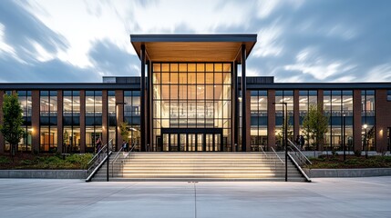 The building is a large, modern structure with a lot of glass windows. The entrance is grand and inviting, with a staircase leading up to it. The building is surrounded by trees, giving it a natural