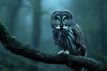 Fototapeta premium A Gray Owl Perched on a Branch in a Foggy Forest