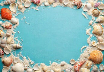 Obraz premium Summer Seashells Border on Turquoise