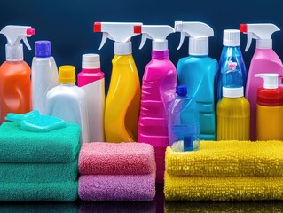 cleanliness routine in a home, with cleaning products neatly arranged and used regularly for household hygiene