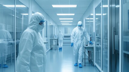 Fototapeta premium cleanroom in a high-tech laboratory, with employees wearing protective suits, ensuring the highest level of cleanliness and hygiene