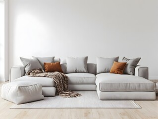 Cozy and Inviting Modern Living Room with Comfortable Sectional Sofa Plush Throw Pillows and Blankets Clean Lines and Geometric Scandinavian Inspired Decor