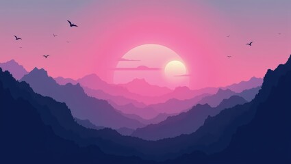 Pink Sunset Over Silhouetted Mountains