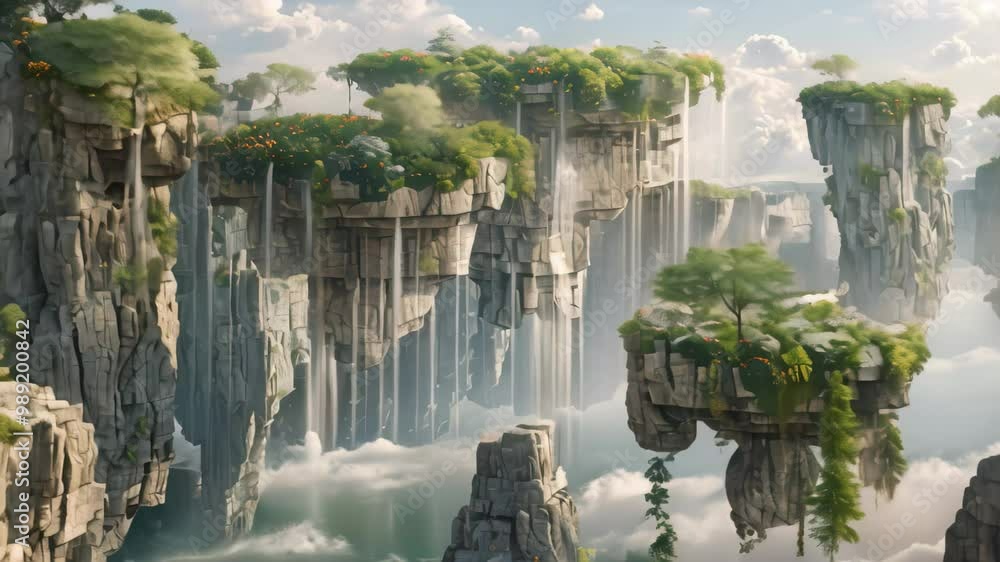 Poster a digital video depicting a surreal dreamscape featuring multiple floating islands with cascading wa