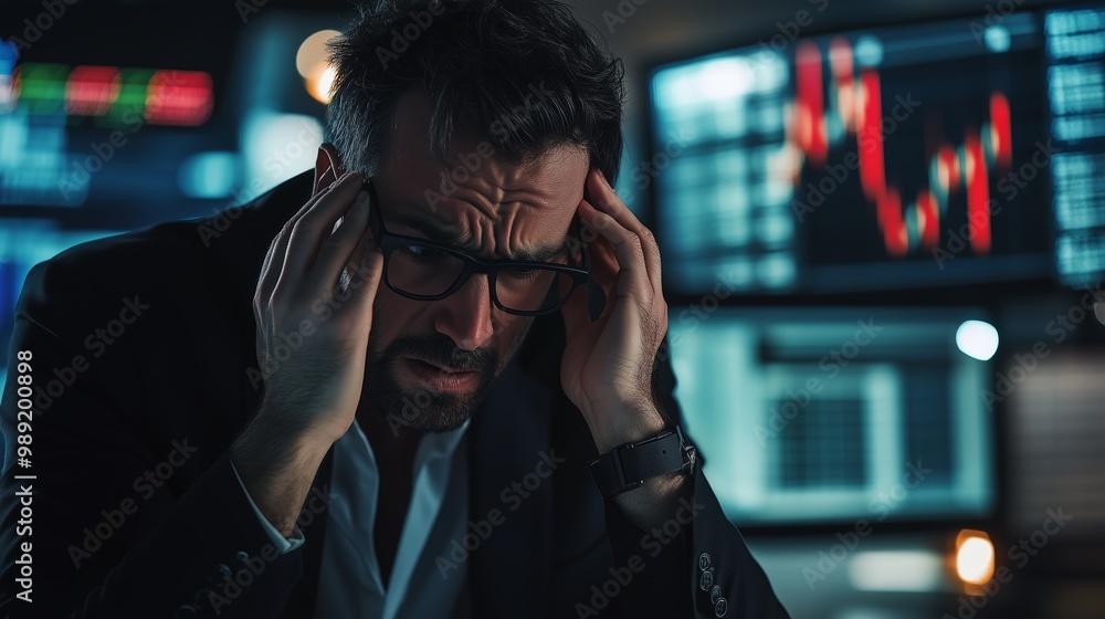 Poster a stressed trader analyzing market trends late at night in a dimly lit office filled with multiple s
