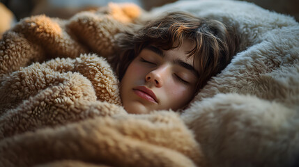 A peaceful child sleeping soundly, wrapped in a cozy blanket, creating a warm atmosphere of comfort and tranquility.