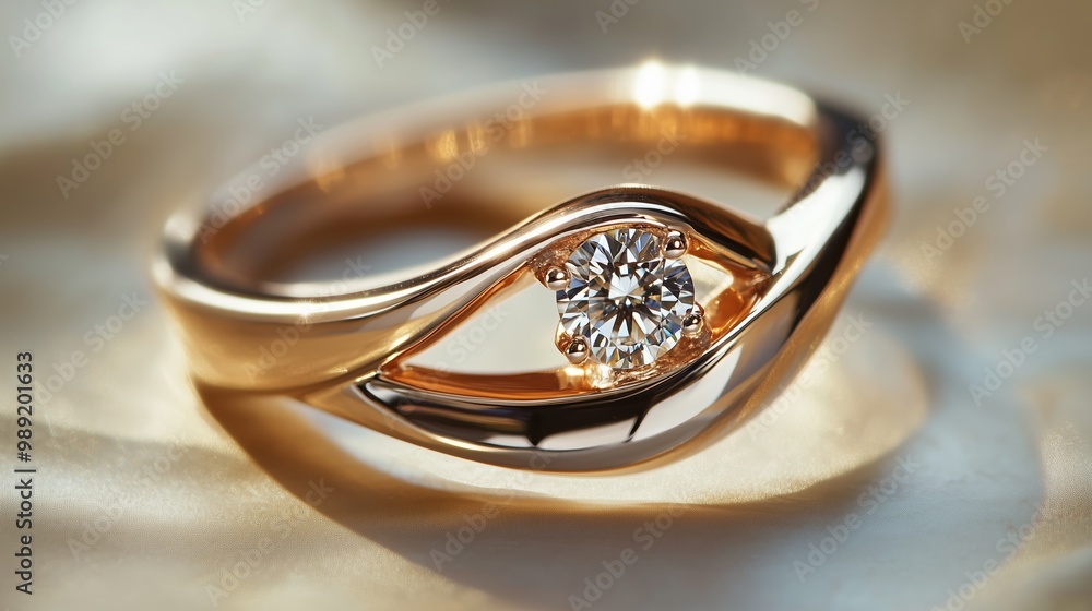 Poster elegant gold ring with a unique design featuring a sparkling diamond captured in soft light on a del