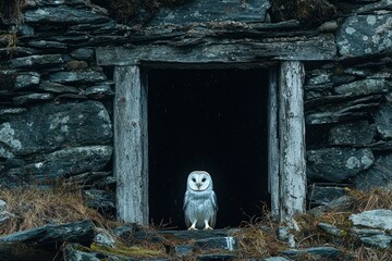 A Snowy Owl Perched Before A Stone Structure With An Open Doorway