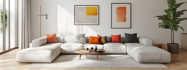 Cozy and inviting modern minimalist living room with a large comfortable sectional sofa and stylish contemporary and vintage decor