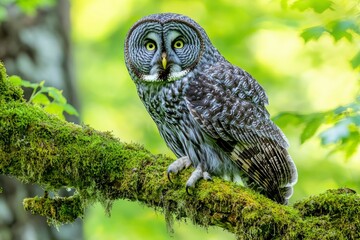 Fototapeta premium A Great Grey Owl Perched on a Moss-Covered Branch