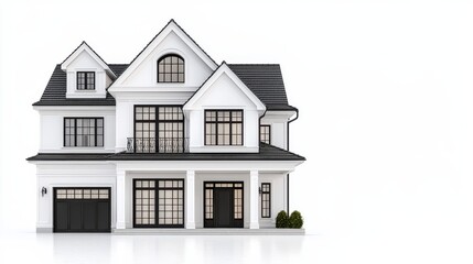 A large white house with a black roof and a black garage door. The house has many windows, including a large one on the front. The house is very clean and well-maintained