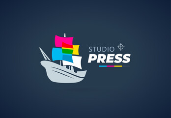 Logo Print CMYK Studio Press theme. Abstract Sailing ship silhouette ink sail. Template design vector. Black background.