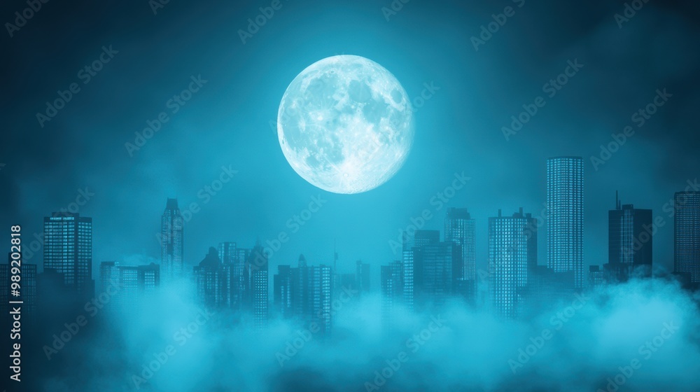 Poster a cityscape with a full moon casting a soft light on the buildings, creating a dreamy and enchanting