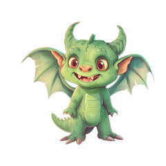 Fototapeta premium A cute, cartoon green dragon with large wings and horns smiles for the camera.