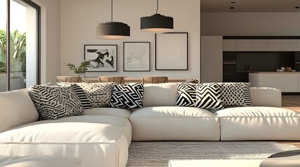 Cozy and Inviting Modern Living Room with Large Comfortable Sectional Sofa Minimalist Stylish Decor Geometric Accent Pillows and Sleek Modern Fixtures in Bauhaus Inspired Look