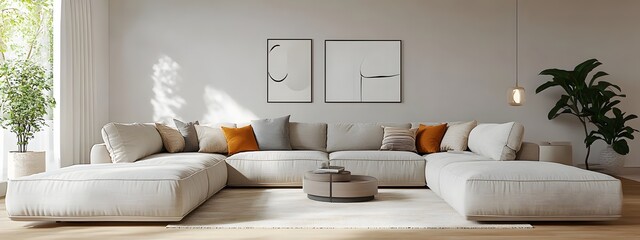 A 3D rendered image of a cozy and inviting modern living room featuring a large comfortable sectional sofa minimalist and stylish decor vibrant color accents clean and simple lines