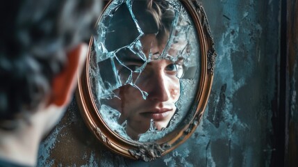 A person looking into a mirror, their reflection showing a shattered version of themselves, symbolizing the internal damage caused by betrayal.