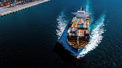 A large cargo ship is sailing through the ocean. The ship is carrying a large number of containers, and it is moving quickly through the water. Concept of movement and activity