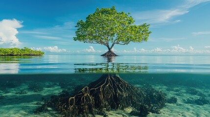 mangrove tree growing in a coastal wetland, with its roots submerged in water, surrounded by rich biodiversity and a calm sea