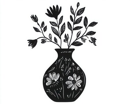 recommend clip art: Floral vase with decorative leaves and flowers, black silhouette design.
