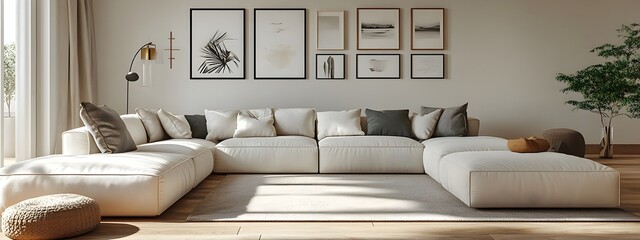 Cozy and inviting modern living room with a large comfortable sectional sofa minimalist stylish decor and a mix of textures