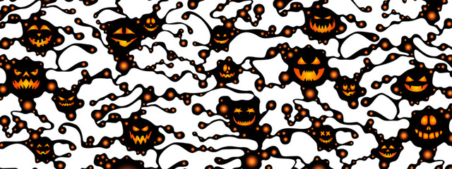 Abstract Halloween background. The pattern is a chaotic spider. Scary pumpkin, faces. Mask symbols. Emojis. A poster for holidays, presentations, and advertising. Vector