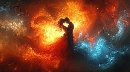 Fototapeta premium passionate embrace of lovers surrounded by swirling elements figure outlined in flame merging with partner composed of flowing water symbolizing union of opposites
