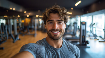 Smiling male fitness instructor taking a selfie in a modern gym with workout equipment