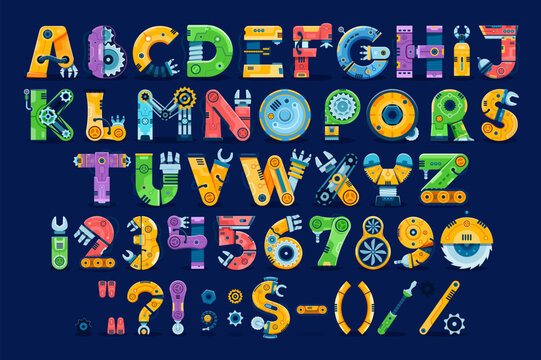 Robot machine font, gear wheel typeface, mechanical engineering type, kids english alphabet letters and numbers vector typography. Mechanic technology abc characters of cartoon mechanical parts, bolts