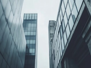 modern industrial buildings with steel and glass exteriors, standing stark against the backdrop of an overcast sky