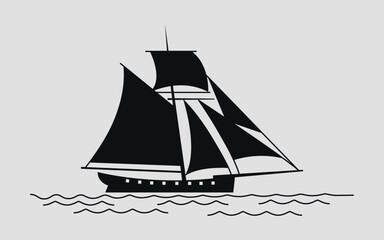 Black silhouette of a sailing yacht on the waves. Vector on a gray background