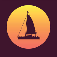 Yellow round icon with sun and yacht silhouette in the center. Vector