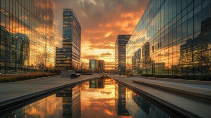 modern office buildings with reflective glass exteriors, captured at sunset with warm hues filling the skyline